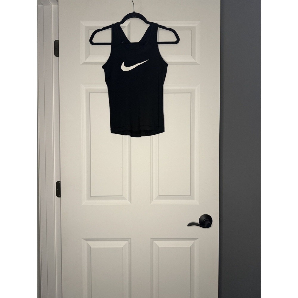Nike Dri Fit Running Athletic Tank Top Medium Black With White Logo Runs Small